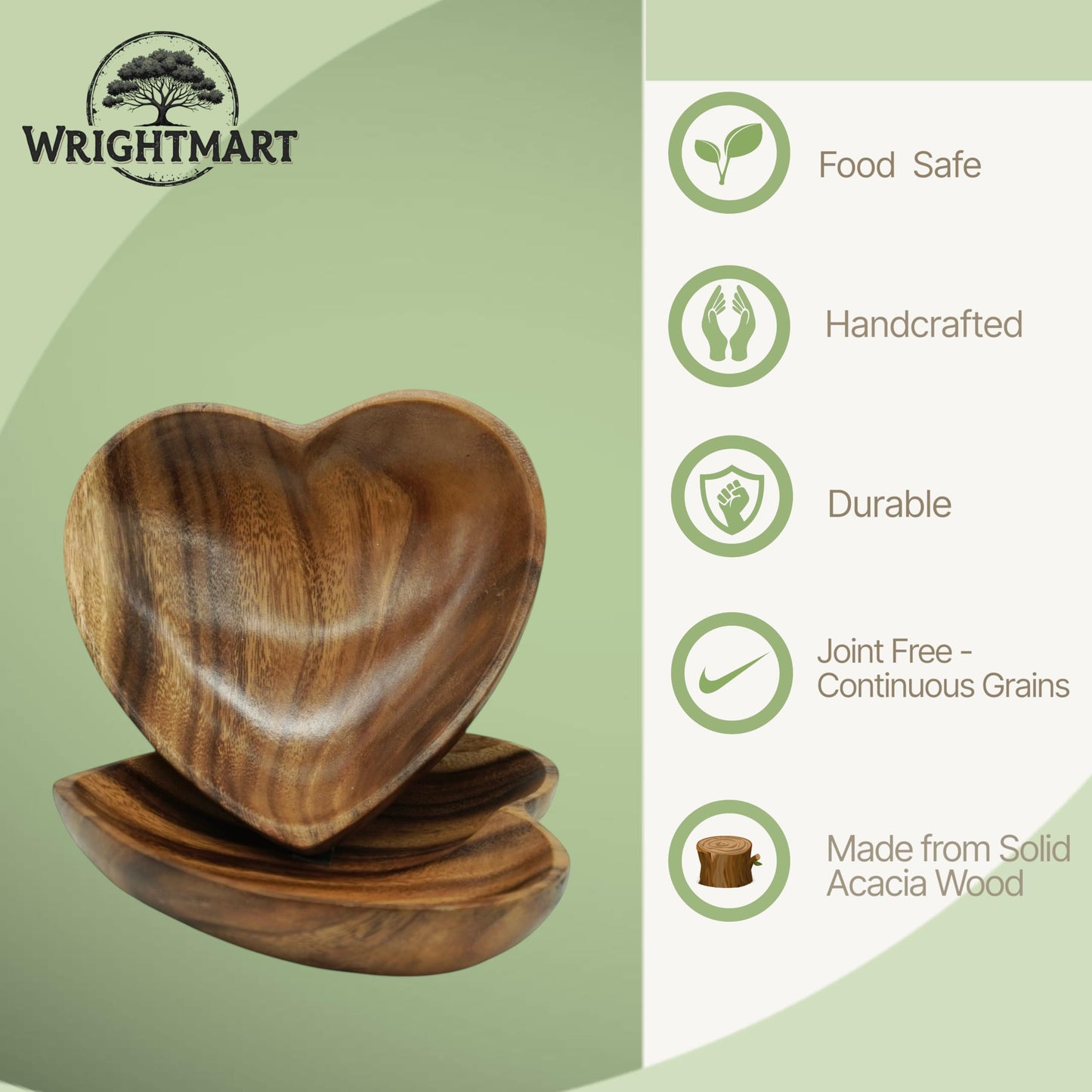 WRIGHTMART Handcrafted Acacia Wood Heart Bowl Set of 2 – Decorative Serving Bowls for Salad, Snacks, Jewelry, Candle Display – 10" & 8" Sizes