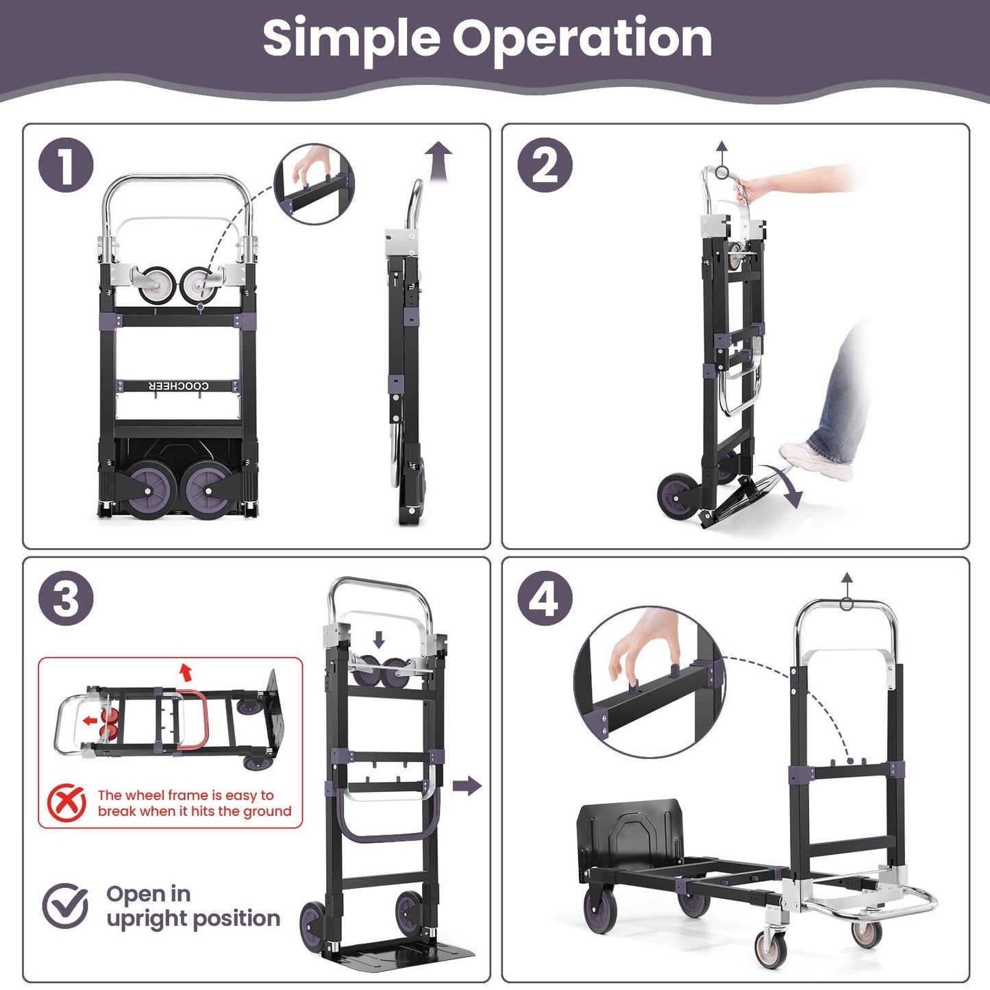 3-in-1 Convertible Heavy Duty Folding Hand Truck Dolly, 600LB Capacity with Rubber& Wheels Telescoping Handles, Portable Collapsible Cart for Warehouse, Supermarket, Office (Black)