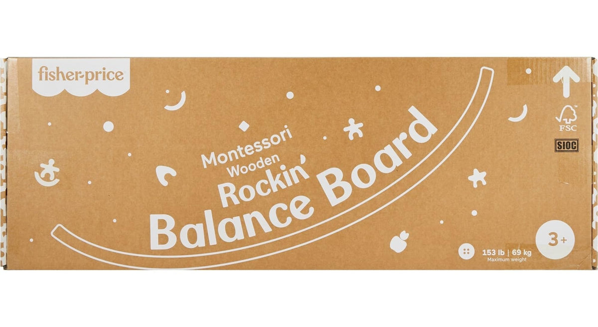 Fisher-Price Wood Montessori Toy Rockin' Balance Board, American Montessori Society Seal of Excellence, 31.7-Inch Wooden Motor Skills Learning Activity for Kids Ages 3+ Years