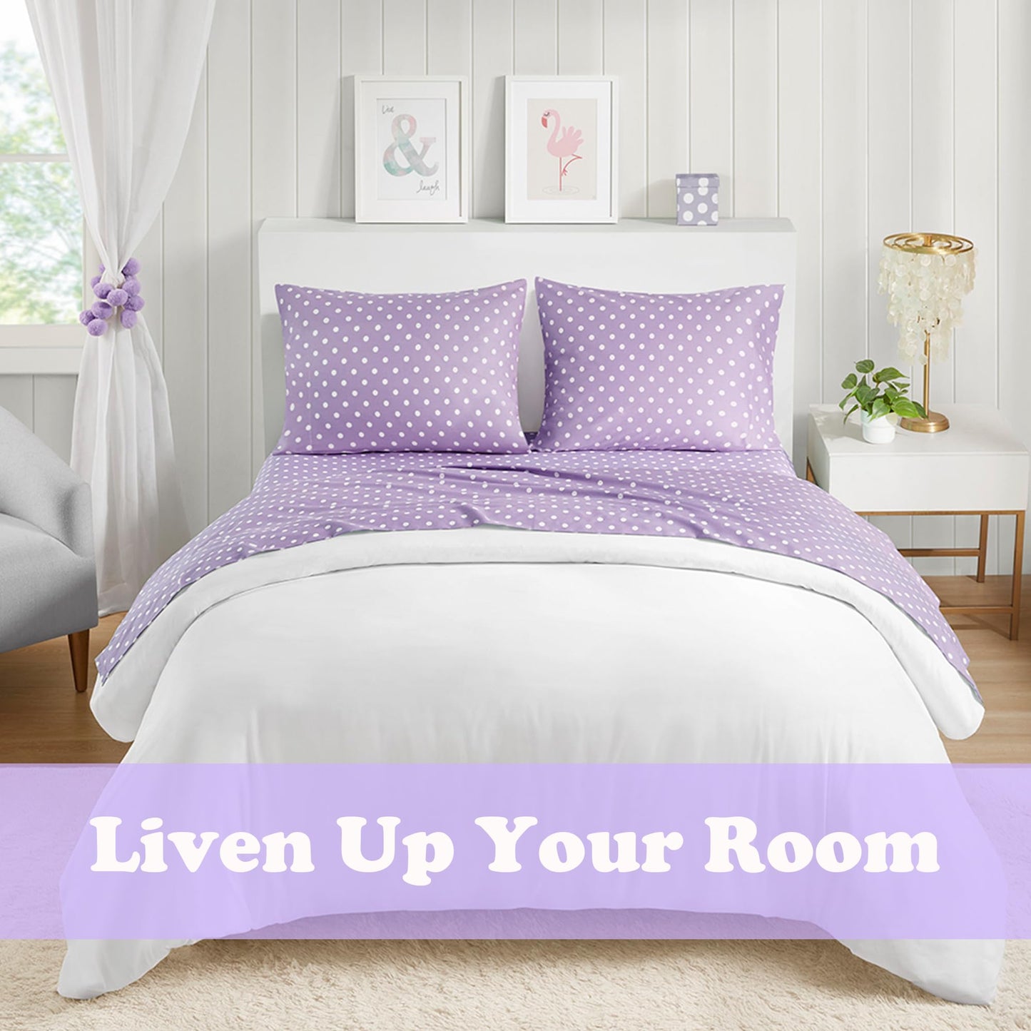 Intelligent Design Purple Twin Size Sheet Sets Kids Polka Dot Sheets for Girls 100% Cotton Percale Soft Flat and Fitted Sheet, Pillowcase, Breathable All Season Bed Set, Fits up to 14" Mattress