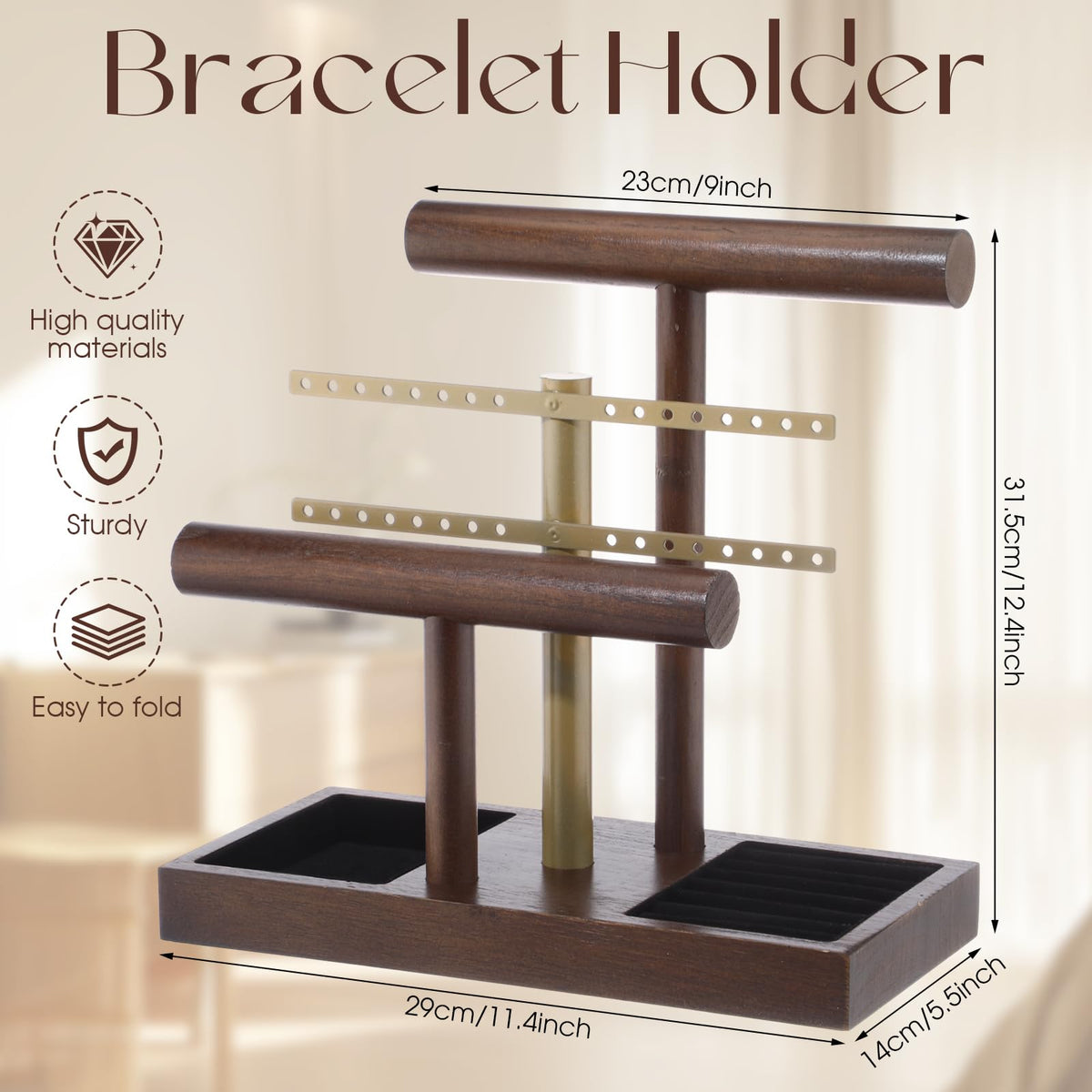 RattanView 3 Tier Bracelet Holder Display with Earring Holder Organizer T-bar Bangle Storage Rack Wooden Jewelry Organizer Stand Gifts for Bracelet Necklaces Earrings Rings Watches Storage Displays