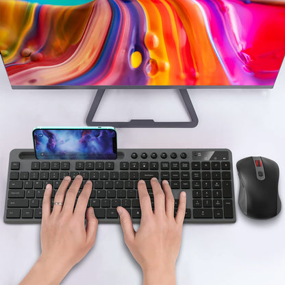 Wireless Keyboard and Mouse Combo, MARVO 2.4G Ergonomic Wireless Computer Keyboard with Phone Tablet Holder, Silent Mouse with 6 Button, Compatible with MacBook, Windows (Black)