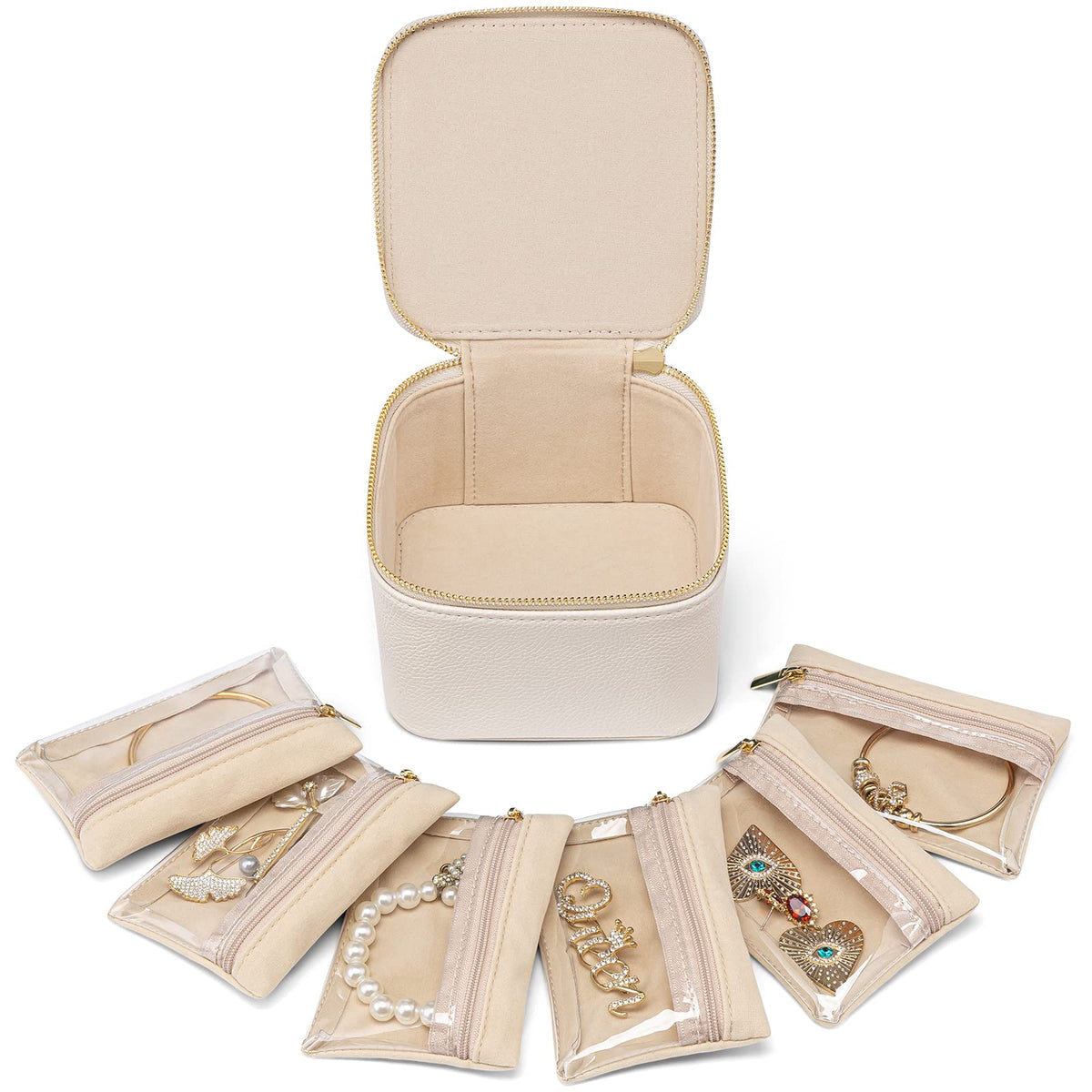 Vlando Travel Jewelry Case,Valentines Gifts,Small Jewelry Box Organizer,Travel Jewelry Storage with 6 Velvet Jewelry Zipper Pockets, Birthday Gifts for Women Girls (White)