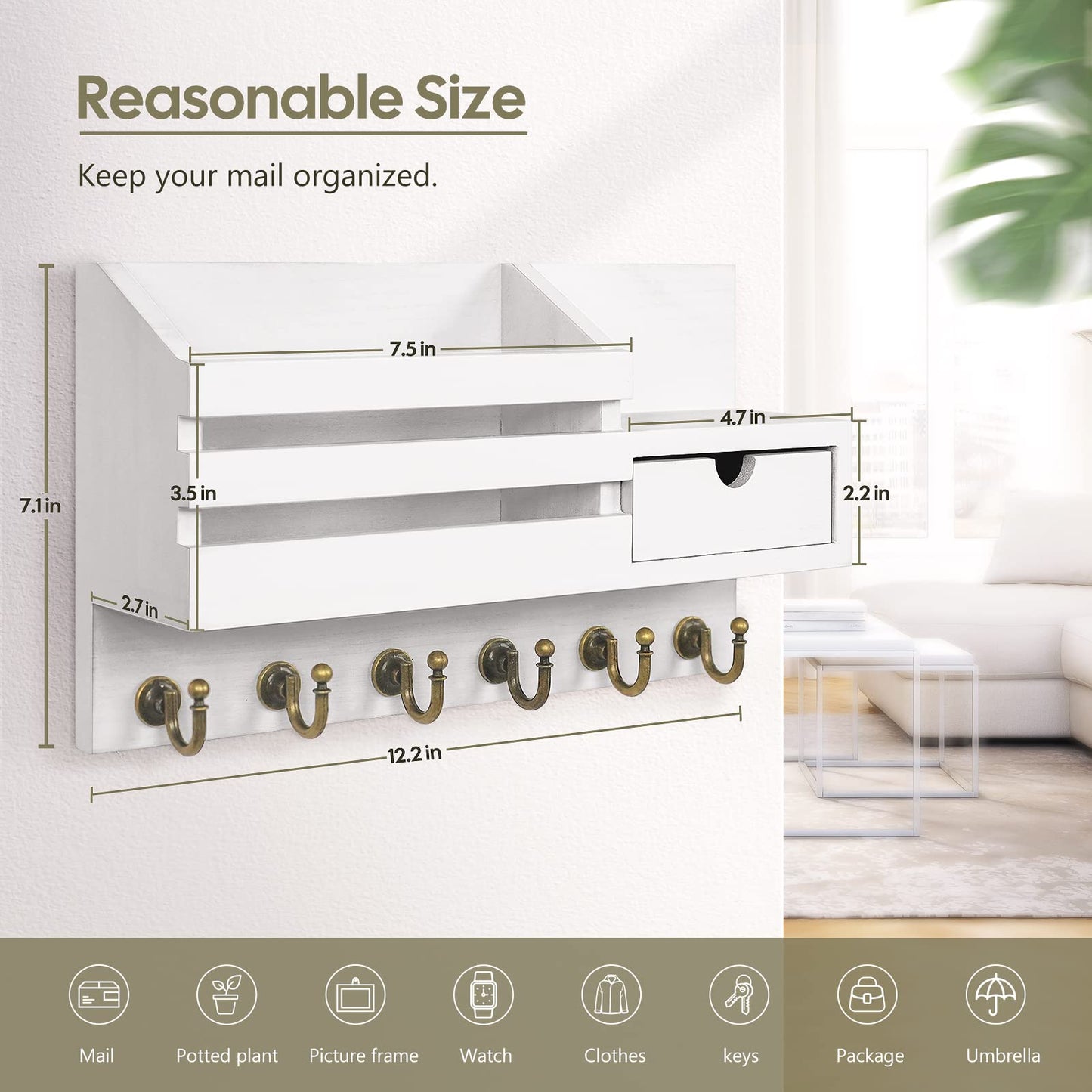 FifthQuarter Key Holder Wall Mount: Key and Mail Holder for Wall with 6 Hooks and Storage Drawer, Easy Installation Key Rack for Entryway Home Decor (A-White)