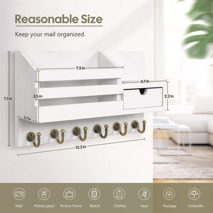FifthQuarter Key Holder Wall Mount: Key and Mail Holder for Wall with 6 Hooks and Storage Drawer, Easy Installation Key Rack for Entryway Home Decor (A-White)