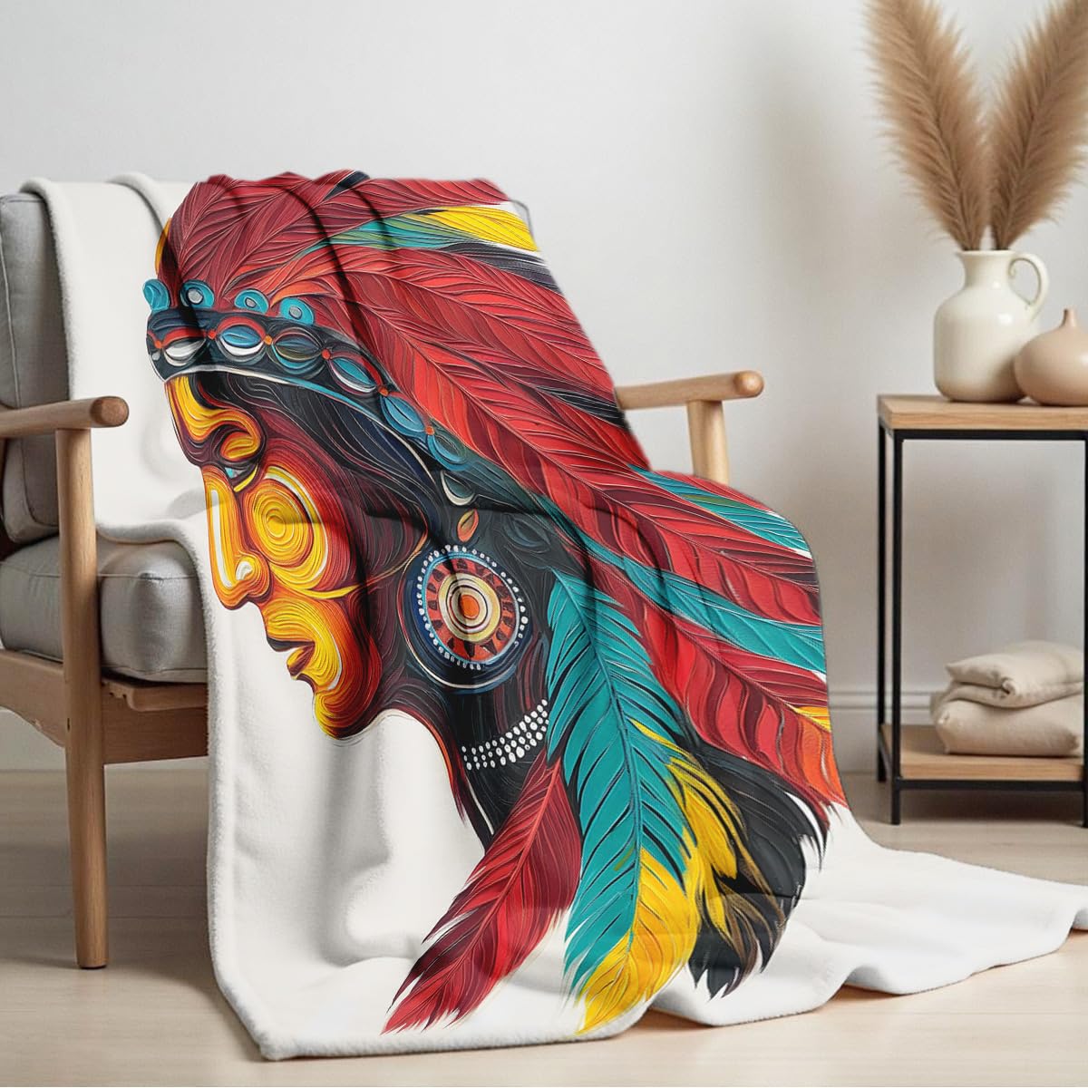 HUNXIAOJ Native American Blankets for Men Indian Print Blankets and Throws for Couch Bed Room Home Western Decor Flannel Throws Queen Size Native American Indian Gifts (49"x59")