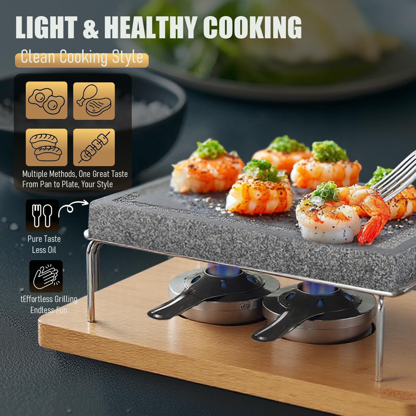 Artestia Hot Stone Cooking Set for Steak, Volcanic Stone Grill Plate with 2 Burners, Lava Steak Stone Set for Indoor Dining, Restaurant Style Searing, Personal Tabletop Cooking