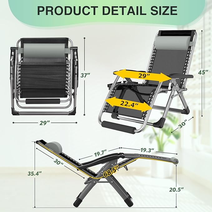 Suteck Oversized Zero Gravity Chair, 29In XL Outdoor Recliner Chair w/Removable Cushion&Headrest, Camping Lounge Chair w/Upgraded Lock&Footrest, Reclining Patio Chairs for Indoor Outdoor,500LBS
