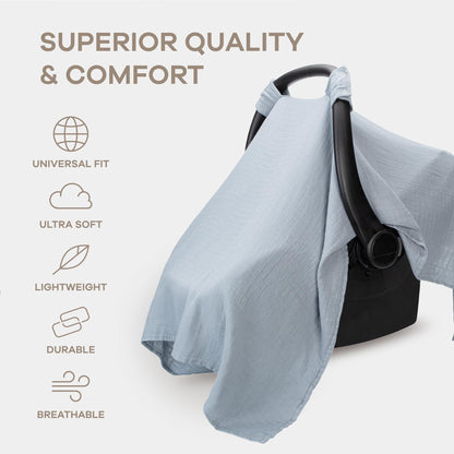 Comfy Cubs Muslin Cotton Baby Car Seat Cover - Soft, Breathable and Lightweight Infant Car Seat Cover - Designed in The US, Canopy for Sun Protection - Large Baby Travel Essentials - Pacific Blue