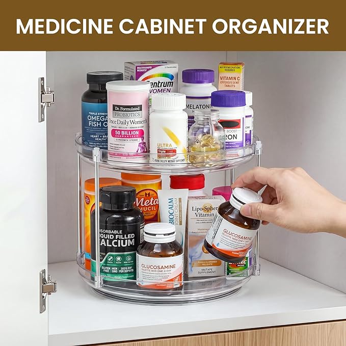 2 Set 2 Tier Non-Skid Acrylic Lazy Susan Organizer - Rotating Spice Rack - Turntable Spinning Organization for Kitchen, Pantry, Countertop, Closet, Bathroom, Vanity, Medicine Cabinet Organizing, 12''