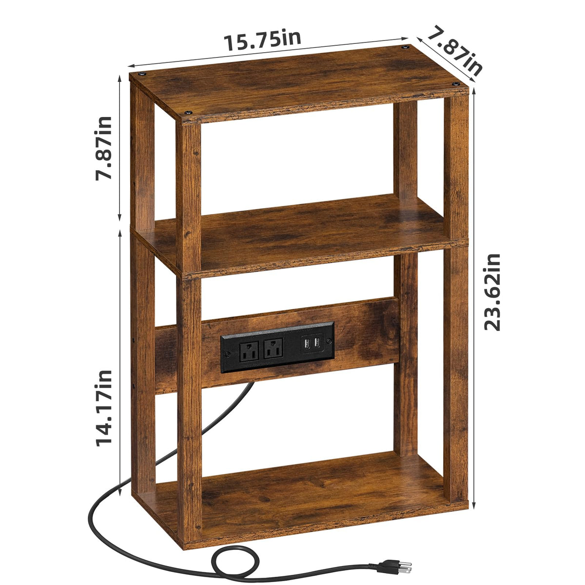YUFAM 3-Tier Small Narrow Wood Side Table with Charging Station, Skinny Nightstand for Small Space, Slim Bedside Table with Storage for Couch, Thin End Table with USB Ports and Outlets, Rustic Brown