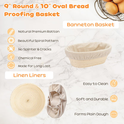 Sourdough Starter Kit, 9" Round & 10" Oval Banneton Bread Proofing Basket, Sourdough Bread Baking Supplies with Sourdough Starter Jar & Bread Slicer, Sour Dough Kit Gifts for People Who Love Baking