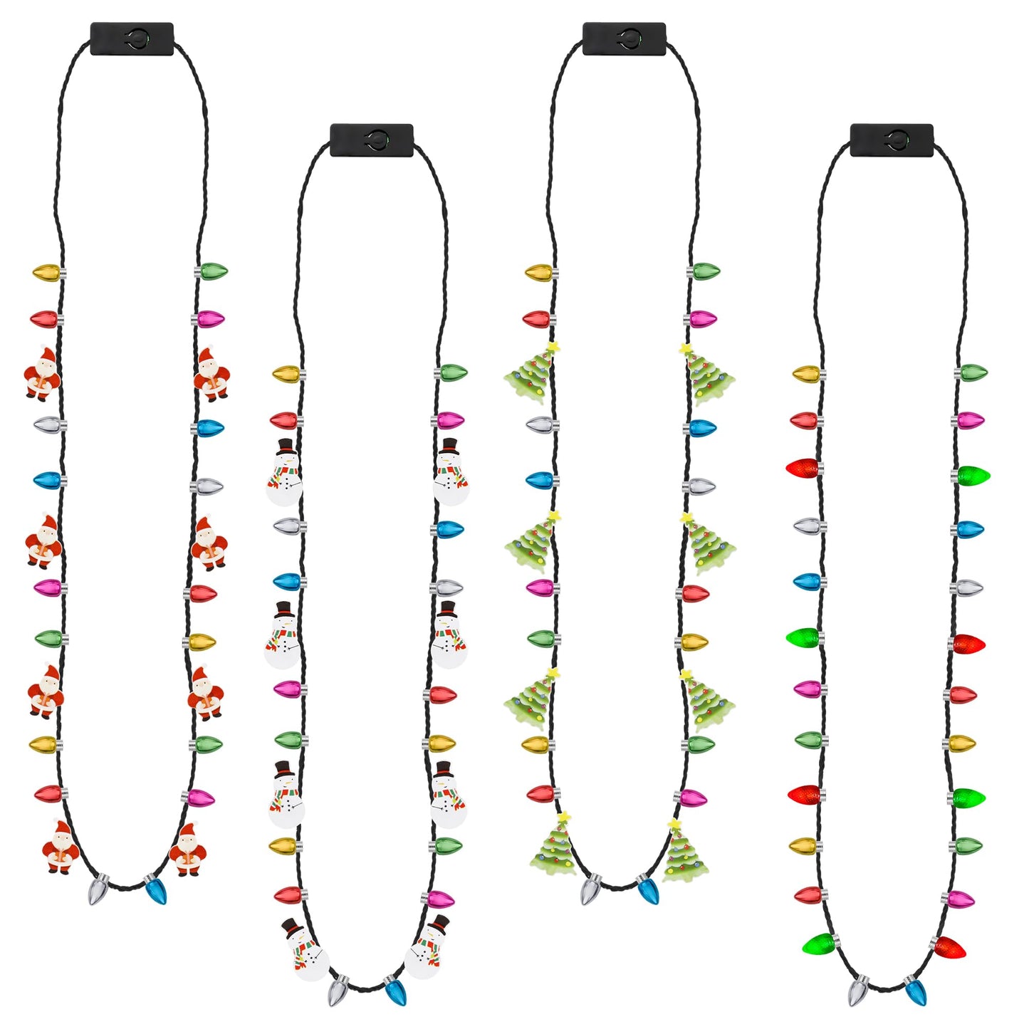 EOBOH Christmas Necklace, 4Pcs Light Up Christmas Necklace, Glowing Bulb Xmas Tree Santa Candy Cane Necklaces, 3 Modes Colorful Xmas Party Favors, Ugly Xmas New Year Eve Party Supplies Accessories