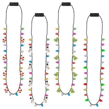 EOBOH Christmas Necklace, 4Pcs Light Up Christmas Necklace, Glowing Bulb Xmas Tree Santa Candy Cane Necklaces, 3 Modes Colorful Xmas Party Favors, Ugly Xmas New Year Eve Party Supplies Accessories