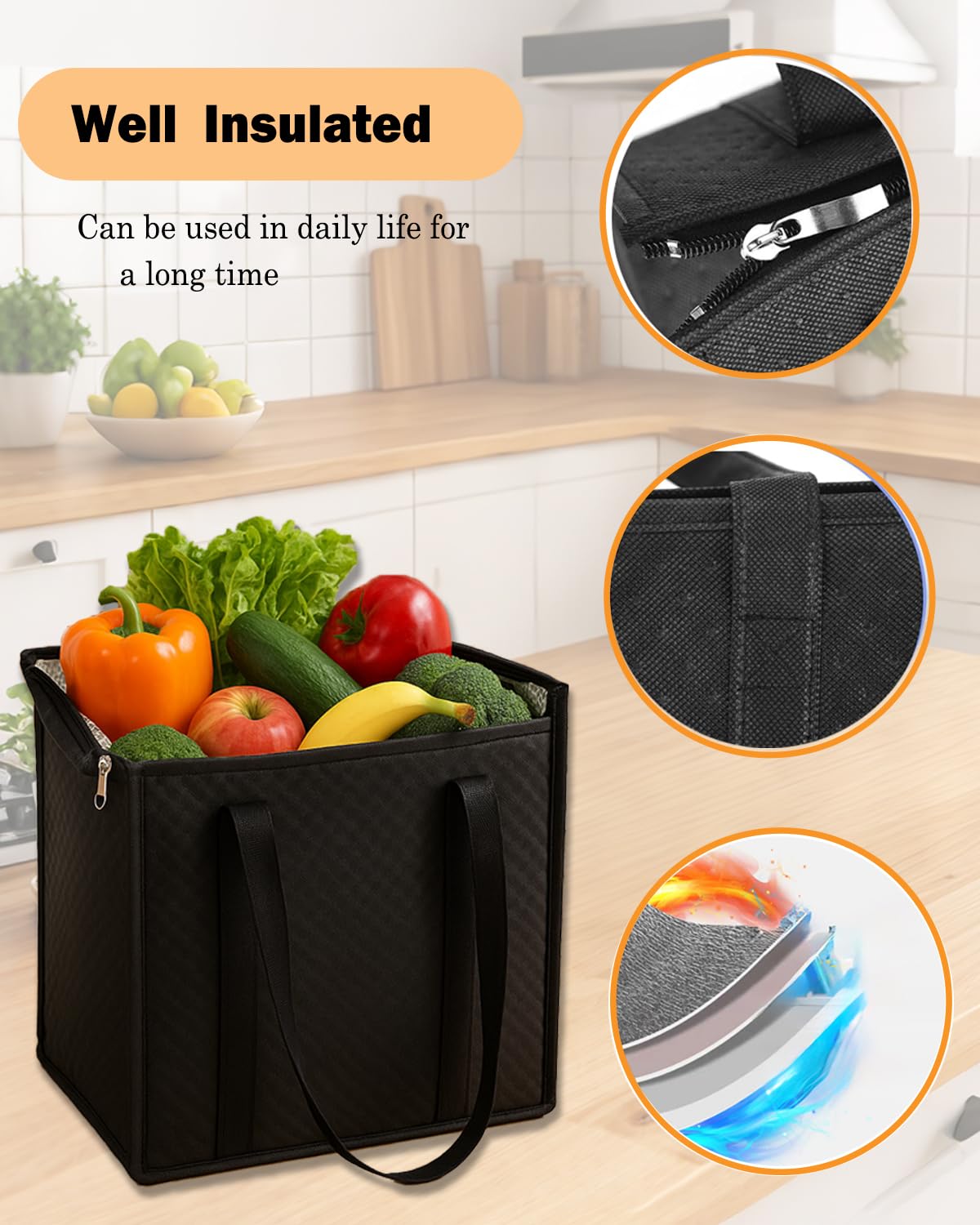 4-Pack Large Reusable Shopping Bags, Insulated Reusable Grocery Bags with Zippered Top - Thermal Bags for Cold and Hot Food, Cooler Grocery Bags Insulated for Groceries, Frozen Food & Food Delivery