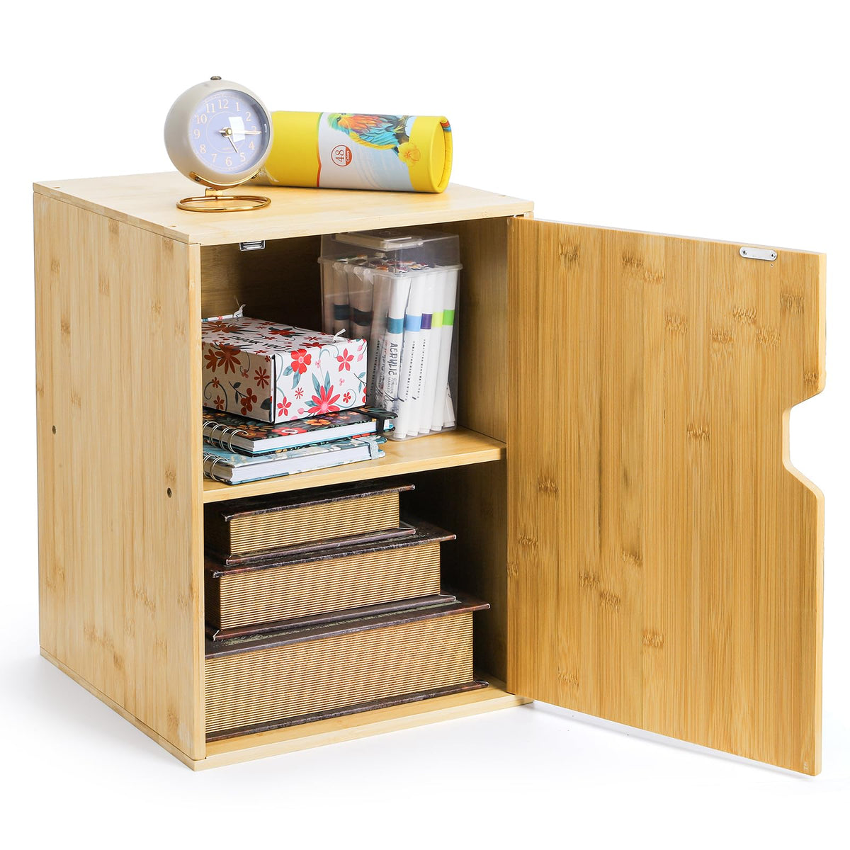 Fasmov 2 Tiers Cube Storage Organizer, Bamboo Bookshelf, Display Bookcase, Storage Cube Cubby Organizer with Door, Stackable Cubes Bin Small Cabinet for Bedroom, Home and Office