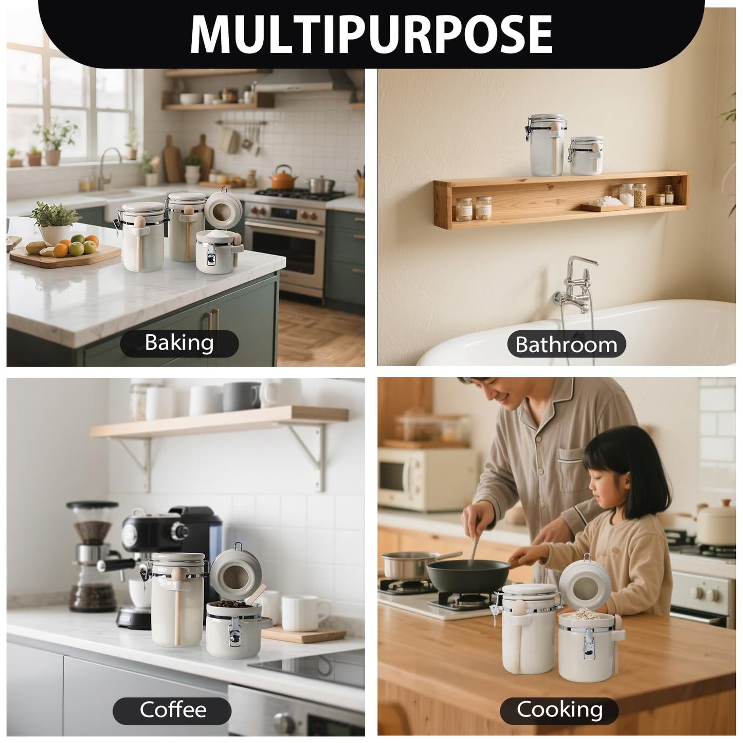 ZEBERBO 4 Piece Airtight Ceramic Canister Set With Attached Wooden Spoon Reusable Chalk Labels For Dry Goods Sugar Coffee Tea Kitchen Storage Use (Cream)
