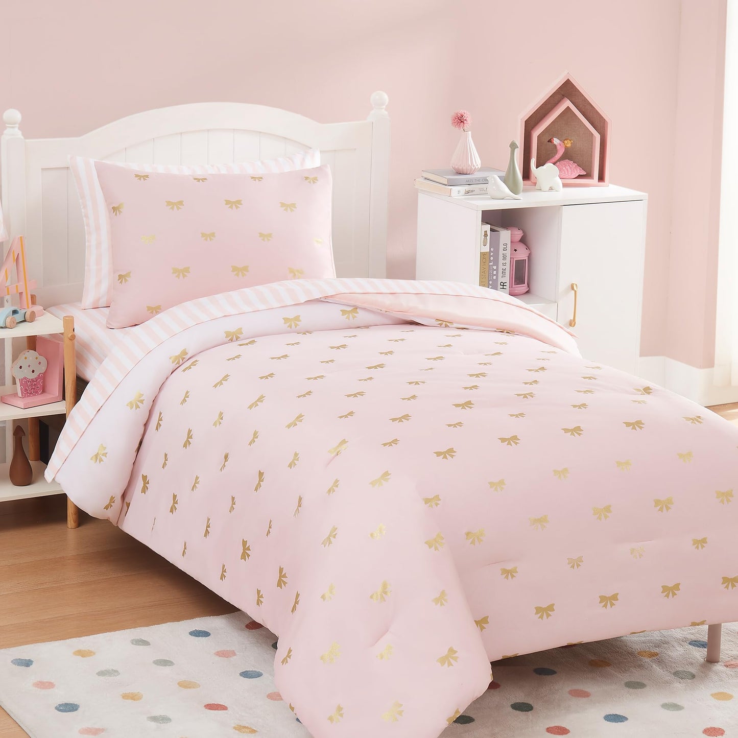 Wink Deer Twin Comforter Set with Sheets for Girls-5 Pieces Twin Bedding Sets with Pink White Gradient Ombre Comforter, Sheets, Pillowcase & Sham for Kids (Gold Bow, 66" X 86")