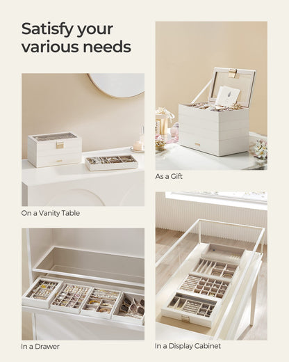 SONGMICS Stackable Jewellery Trays, 4-Tier Jewellery Box, Large Jewellery Case, Clear Glass Lid, 17 x 28 x 18.3 cm, for Dressing Table, Gift Idea, Cloud White JBC164W01
