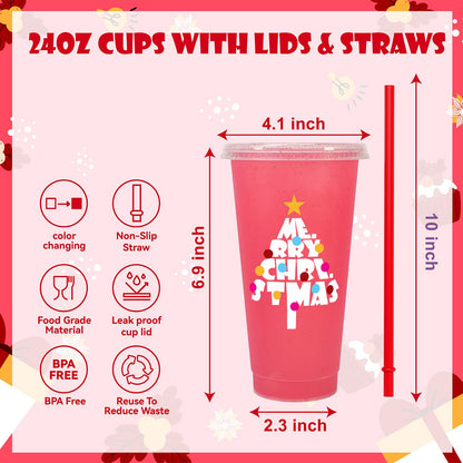 OZMOJOO Christmas Color Changing Cups with Lids and Straws, Reusable Tumblers for Cold Drinks, 5 Pack Holiday Gift Party Cups for Kids, Teens & Adults, 24 oz, Red