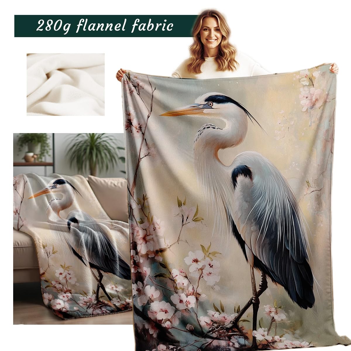 HUNXIAOJ Heron Print Blanket Blue Heron Throw Blanket Sea Birds Flannel Throw for Bed Couch Home Decor Heron Gifts (49"x59")