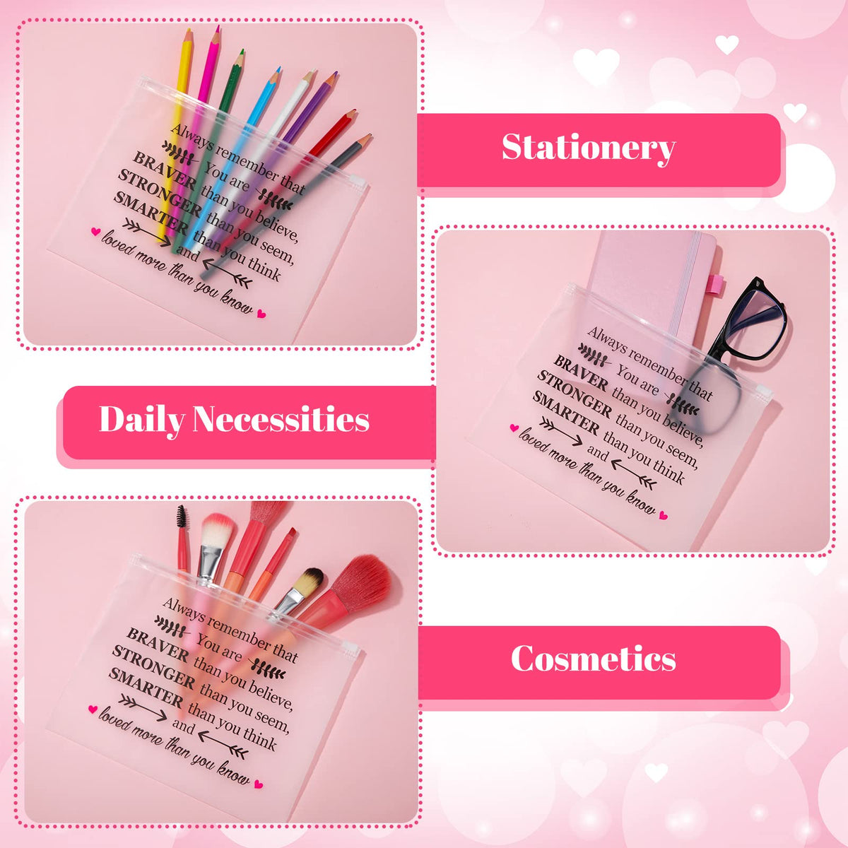 Reginary 50 Pcs Inspirational Gifts Bulk for Women Cosmetic Bag EVA Makeup Bag with Zipper for Birthday Employee Coworker Colleague Staff Encouragement Motivational Presents(You Are Braver)