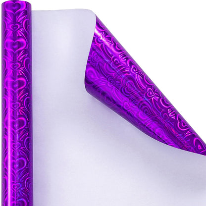LeZakaa Purple Holographic Wrapping Paper, Metallic Foil Purple Heart for Helloween, Mothers Day, Graduation, Birthday, Valentines, Wedding, Baby Shower, Christmas, Mini Roll, 17 IN x 32.8 FT