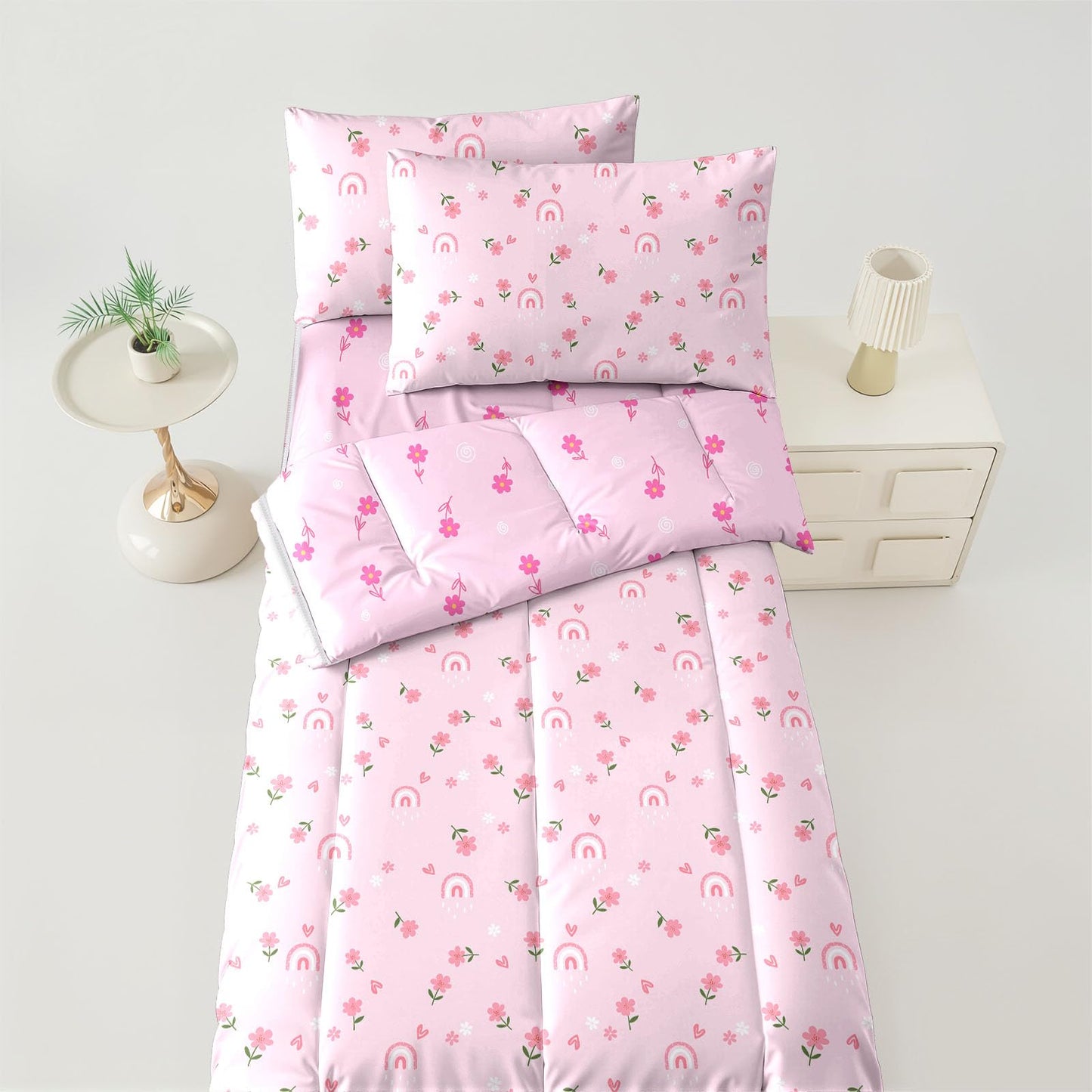 Dearller Pink Zipper Bedding Twin for Girls Rainbow Comforter Girls Twin Comforter All in one Zipper Kids Floral Bedding