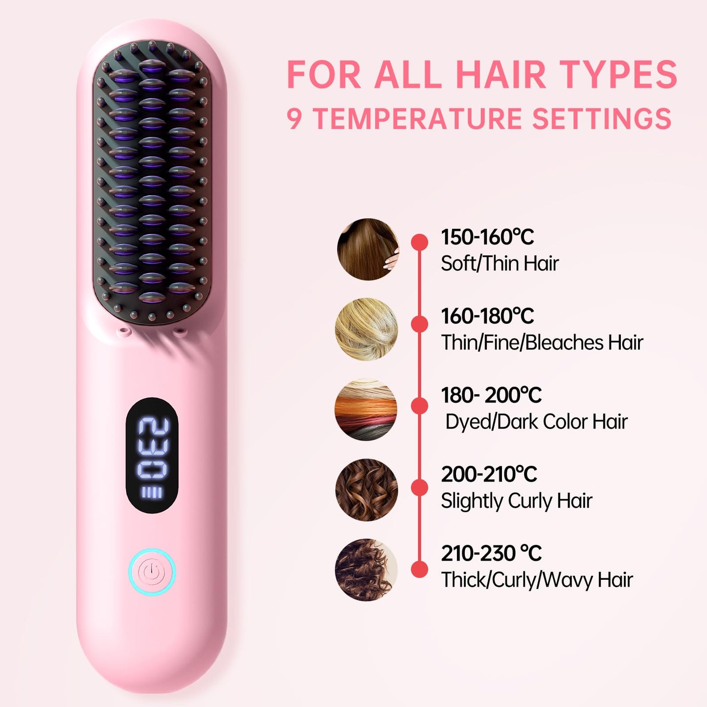 Cordless Hair Straightener Brush-Portable Straightening Comb, 9600mAh Batt, Plasma Tech, 9 Temp-Settings & LED Display, for Travel & Home(Pink)