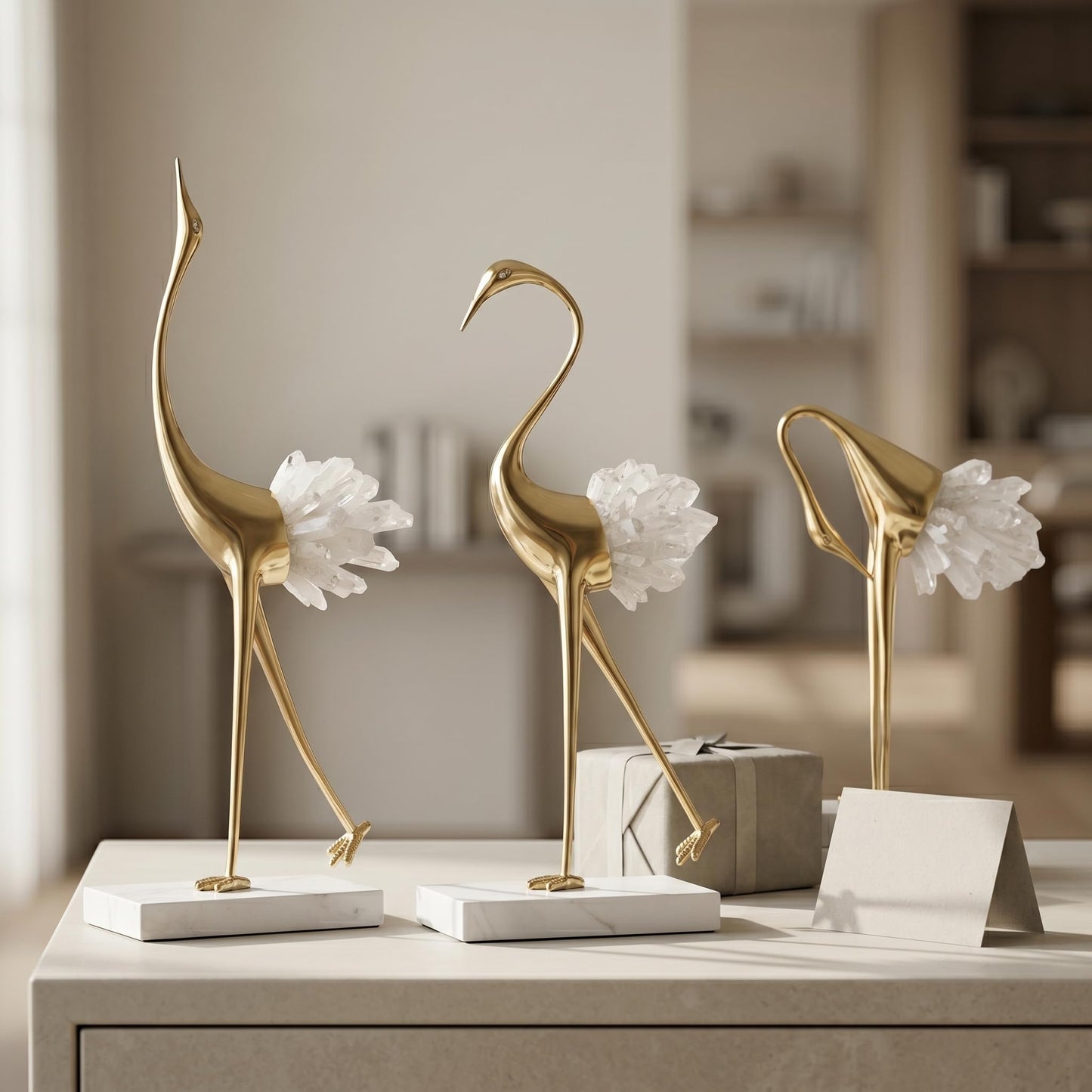 suruim Elegant Gold Crane Bird Statues with Crystal Tail Accents, Decorative Brass Figurines for Home Decor (White B)