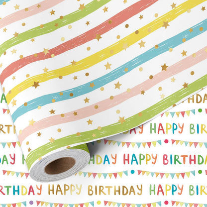 LaRibbons Reversible Happy Birthday Wrapping Paper, Colorful Birthday Lettering with Party Bunting, Stripe & Gold Foil Star Design on Back, Festive Gift Wrap for Party Celebration, Kids, Girls, Women, 17" x 33'