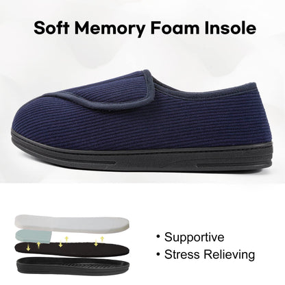 LongBay Men's Diabetic Wide Fit Memory Foam Slippers Comfy Warm Plush Fleece Arthritis Edema Swollen House Navy Blue 10UK
