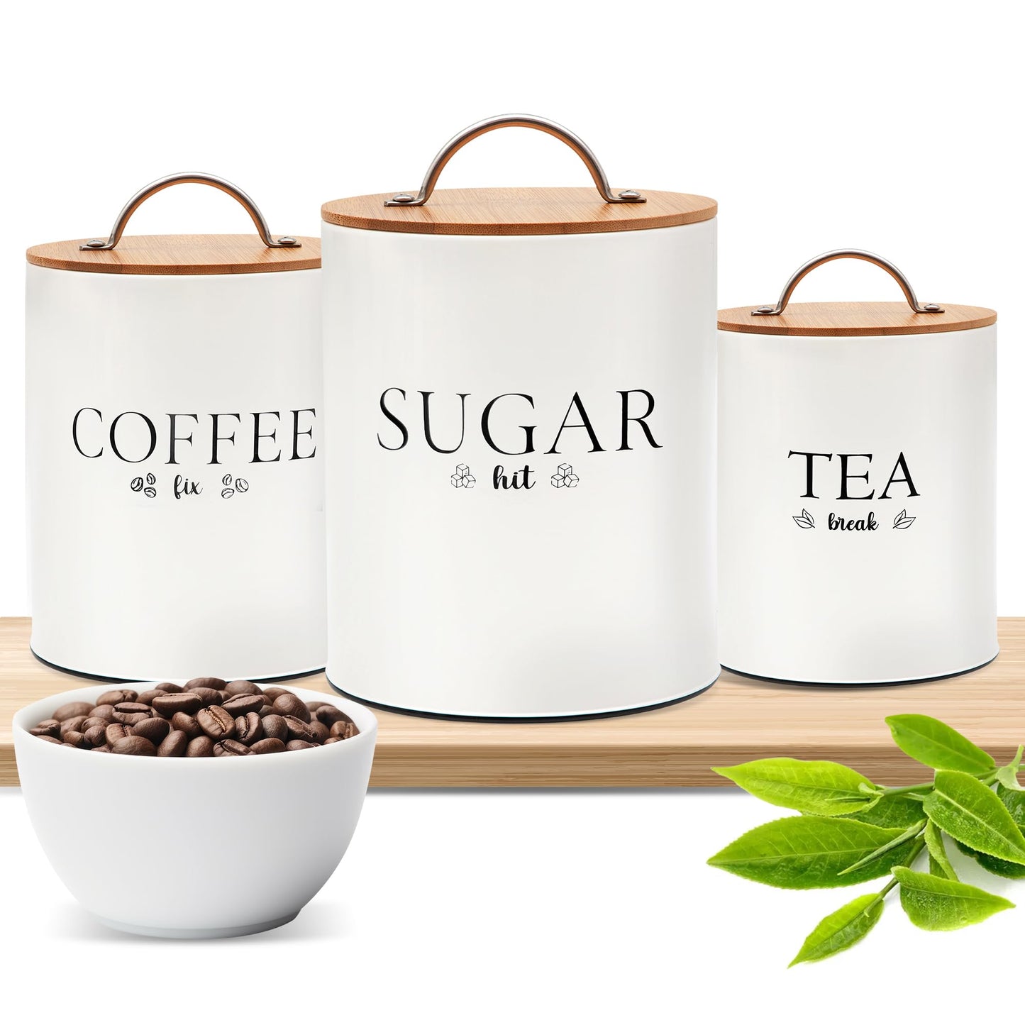 D'Lifeful Tea Coffee Sugar Canister Set - 3pc Airtight Canister Sets for Kitchen Counter - Farmhouse Containers for the Kitchen - Decorative Countertop storage with Airtight Lid for Freshness - White