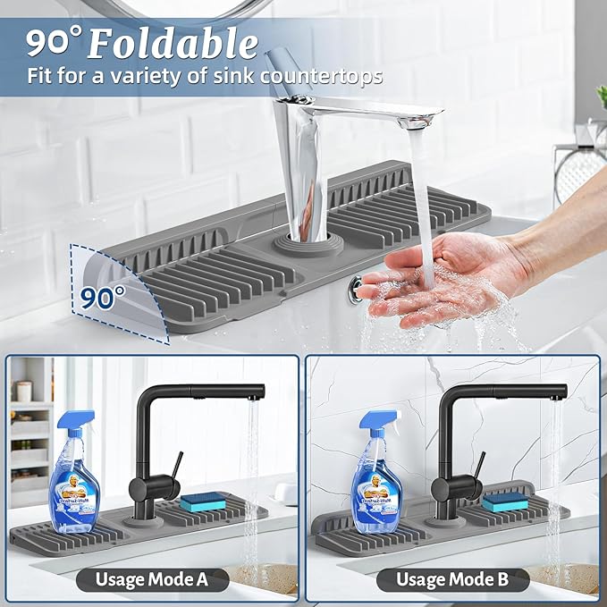 PoYang 17.7 inch Faucet Mat for Kitchen Sink Splash Guard, 7° Slope Silicone