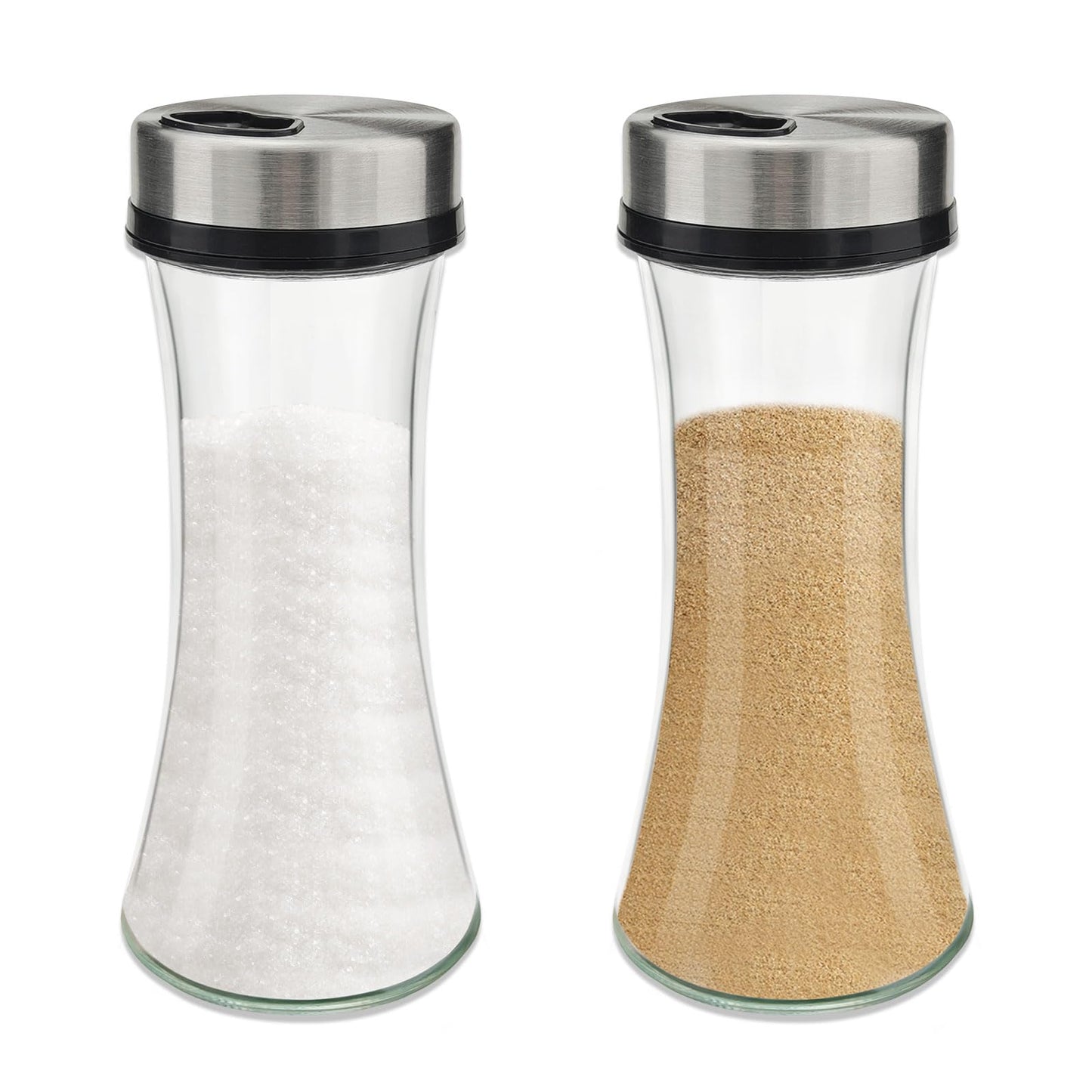 Realand 2 Pack Sugar Dispenser with 3 Adjustable Pour Spout, 6.8oz Glass Sugar Shaker Pourer Jar for Coffee Bar & Station, Airtight Salt and Pepper Shakers Spice Container
