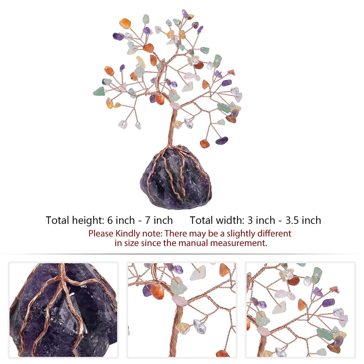 Rockcloud Crystal Money Tree with Irregular Raw Amethyst Crystal Cluster Base, Copper Wire Lucky Bonsai Tree for Desktop Office Home Decor, Mixed Stones