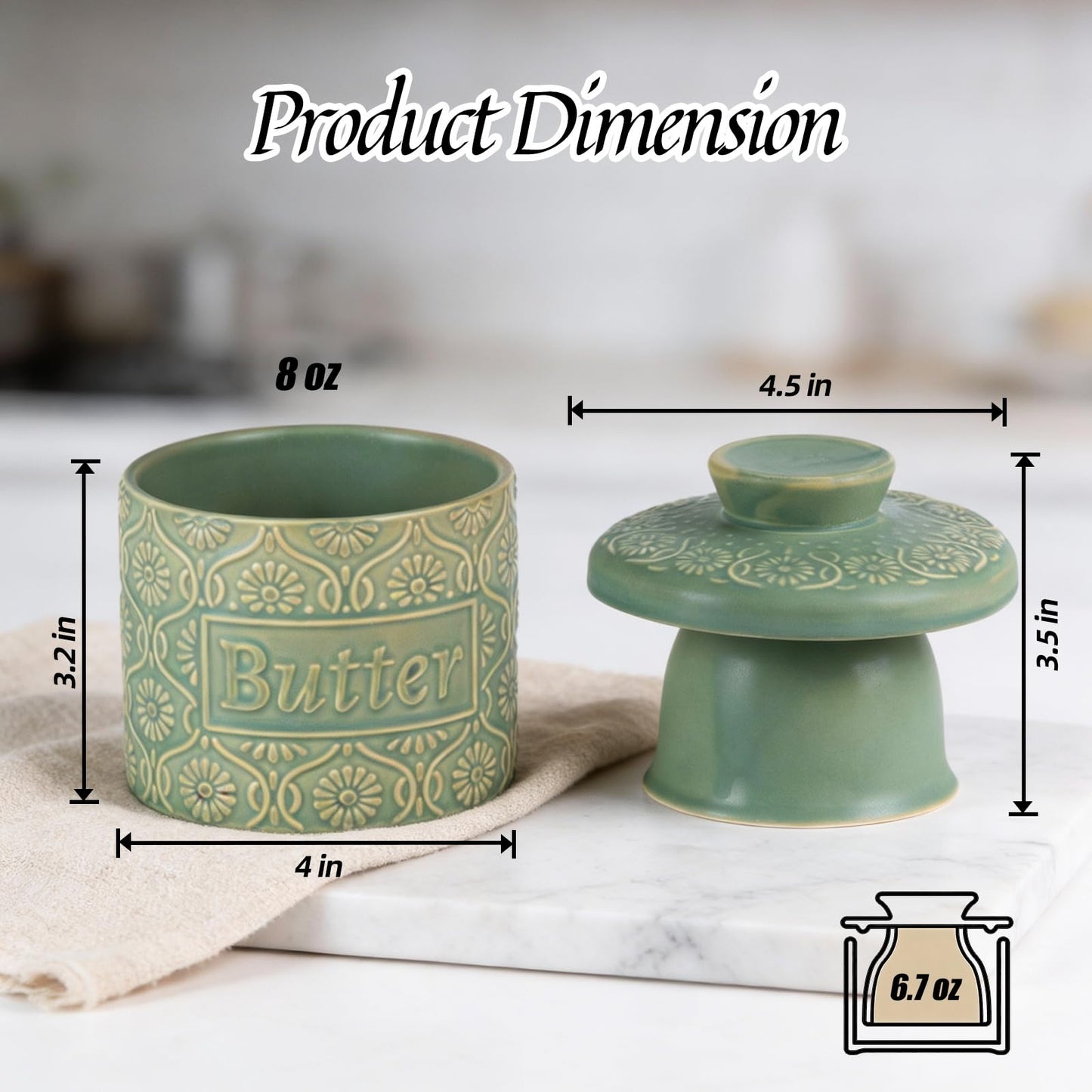 KAMMAK Butter Crock with Lid - Ceramic Butter Keeper for Countertop, Soft Spreadable Butter Dish with Water Line, Housewarming Gifts, Kitchen and Home Decor, Kiln-Changed Green - 6.7oz