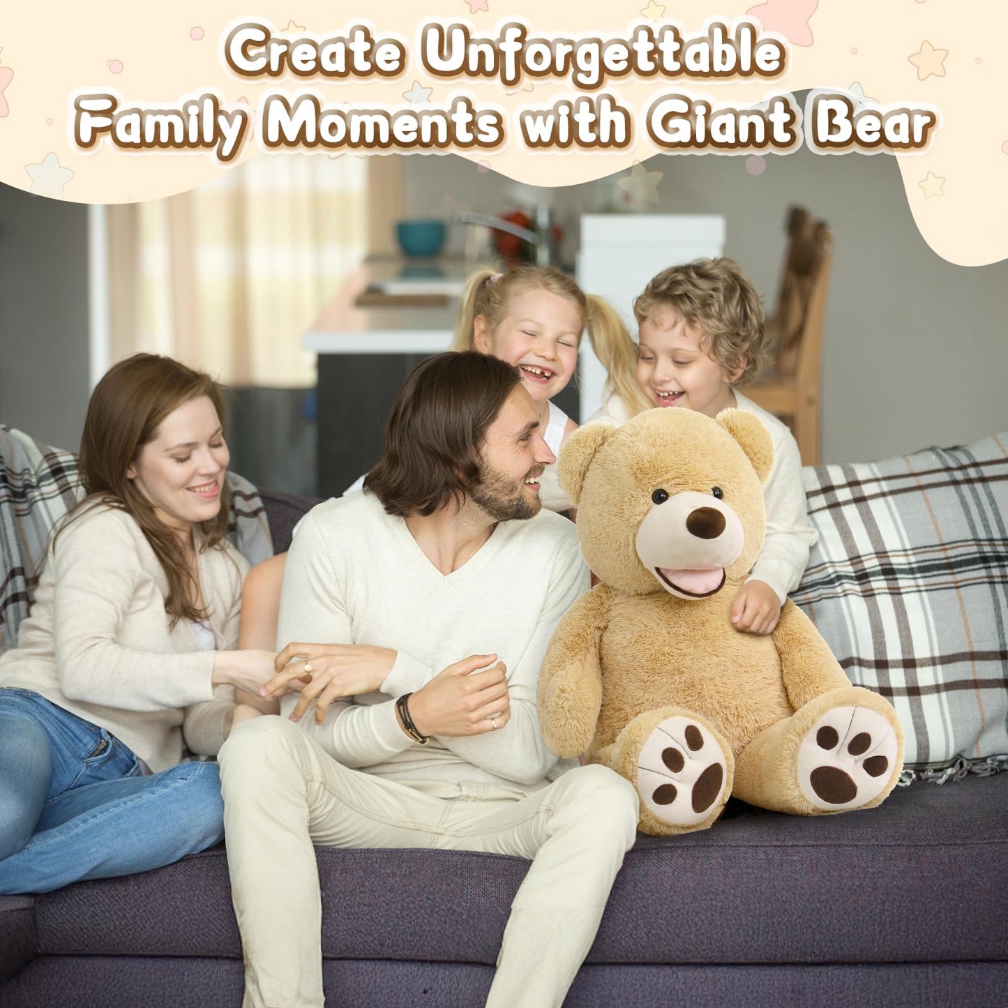 MorisMos Smiling Giant Teddy Bear, 39inch Large Stuffed Animal Bears with Big Footprints Plush, Kids Girlfriend Boyfriend Gift, Light Brown