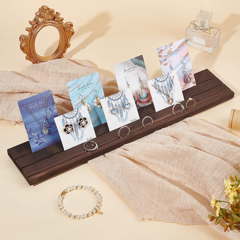 PH PandaHall Wooden Jewelry Display Stands, 3-Slot Wood Earring Card Holder Portable Jewelry Organizer Table Displays for Selling Earring Showing Jewelry Displaying, 15x3inch, Brown
