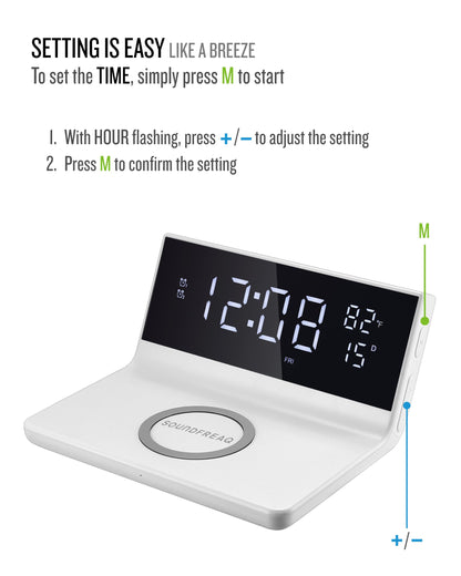 Soundfreaq Charge Rise II, SFQ-20: Digital Alarm Clock, with Dual Alarms, Fast USB Charger and Wireless Charger