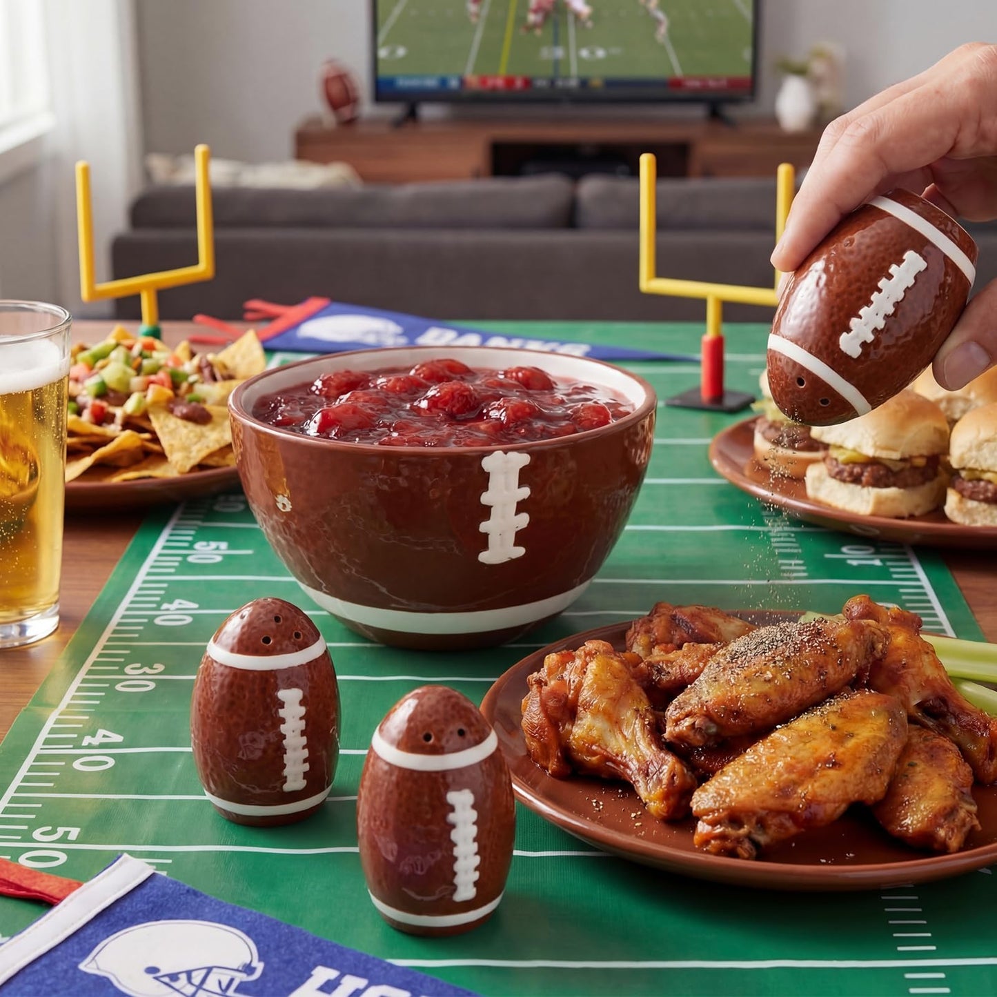 CimoroWin 4 Pcs Football Serving Set Ceramic Bowl Salt & Pepper Shakers And Stainless Steel Spreader for Football Fever Season Sport Lover Party Home Kitchen Dining Table Decoration