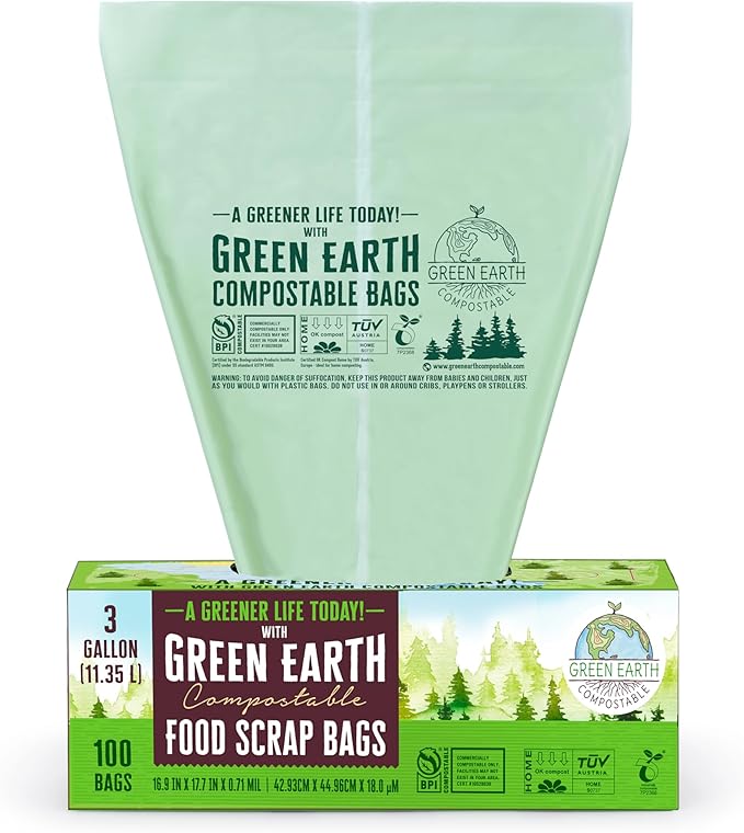 Green Earth Compostable Small Kitchen Food Scrap Trash Bags, Compost Bin