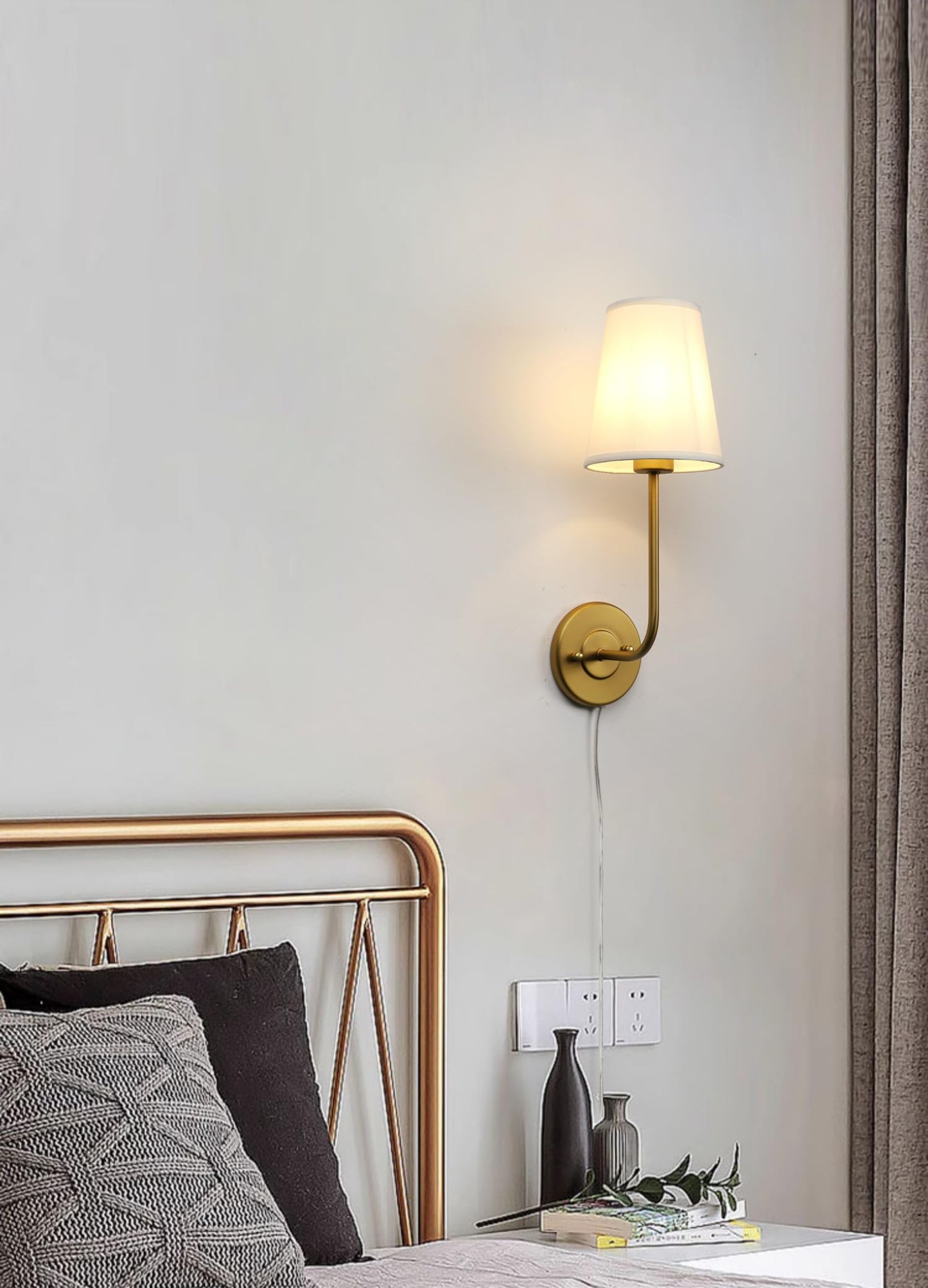 Pathson Set of 2 Plug in Wall Sconces, Rustic Wall Lighting Fixtures with On/Off Switch and Pure White Fabric Lampshade, Antique Brass Wall Lamps for Living Room Bedroom