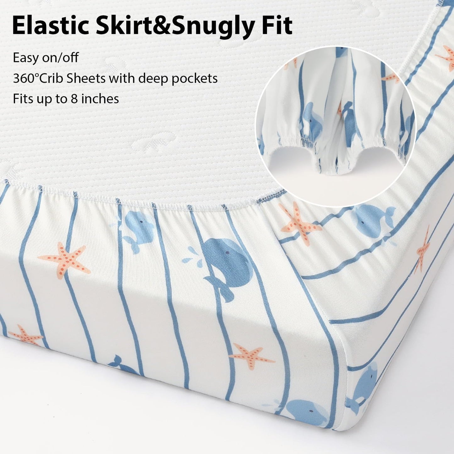 FIEMOL Baby Crib Sheets for Boys and Girls, 3 Pack Toddler Bed Sheets for 52”x28” Standard Toddler Mattresses, Soft Microfiber Fitted Crib Sheets Neutral Blue Ocean Whale