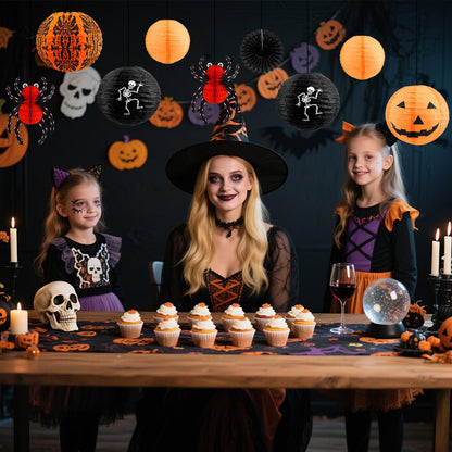 12 Pcs Halloween Hanging Decorations Paper Lanterns, Jack-o'-Lanterns Spider Skeleton Pumpkin for Indoor Outdoor Home Decor, Party Supplies, Yard - 12" & 8"