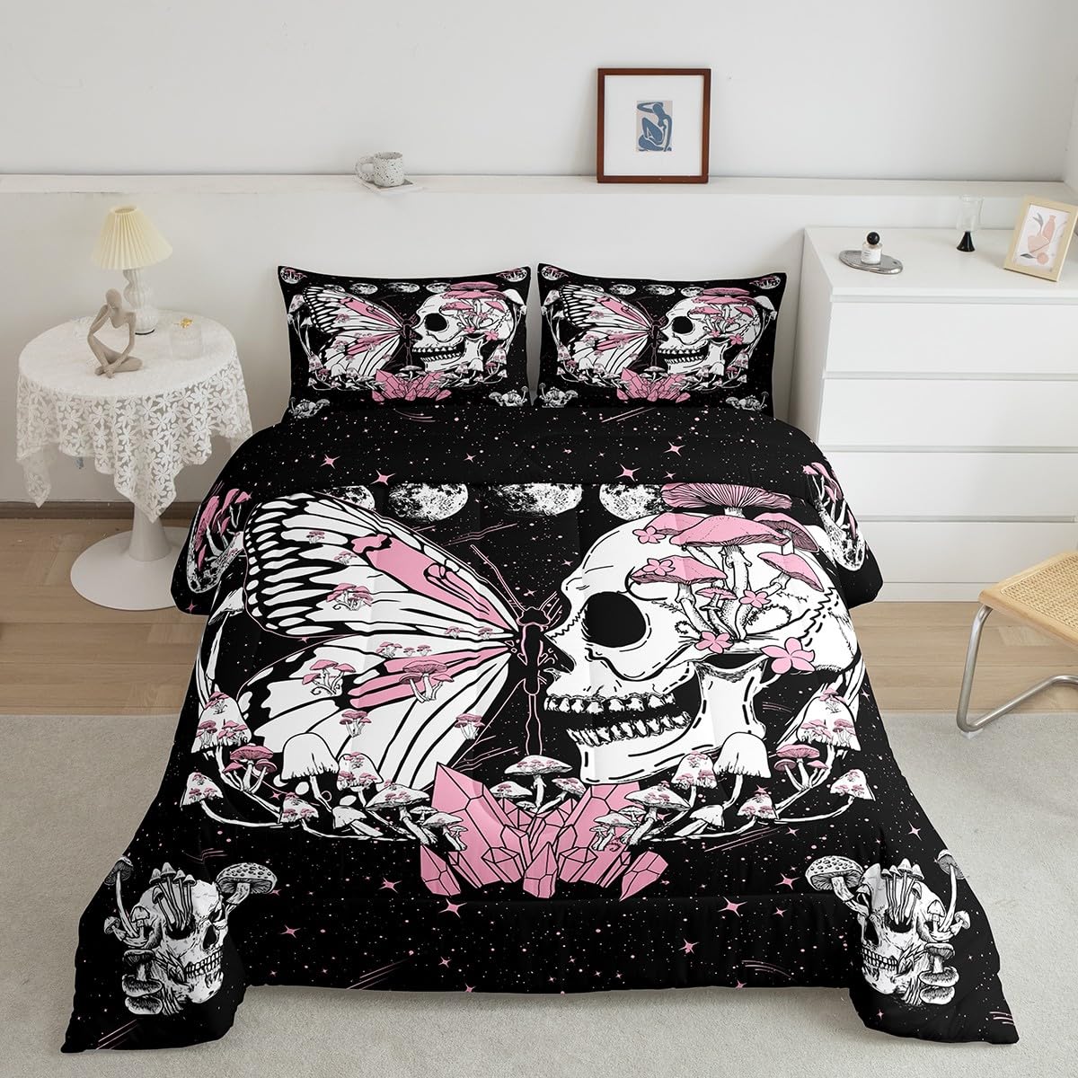 Skull Skull Bedding Set Full Size Pink Butterfly Mushroom Comforter Set Starry Galaxy Moon Quilted Duvet 3pcs for Kids Teens Girls Boys Bedroom Decor Wild Animals Plants Bedspread,2 Pillowcases
