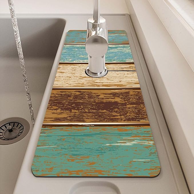 MCALK Wood Pattern Teal Kitchen Sink Faucet Mat Splash Guard, Absorbent