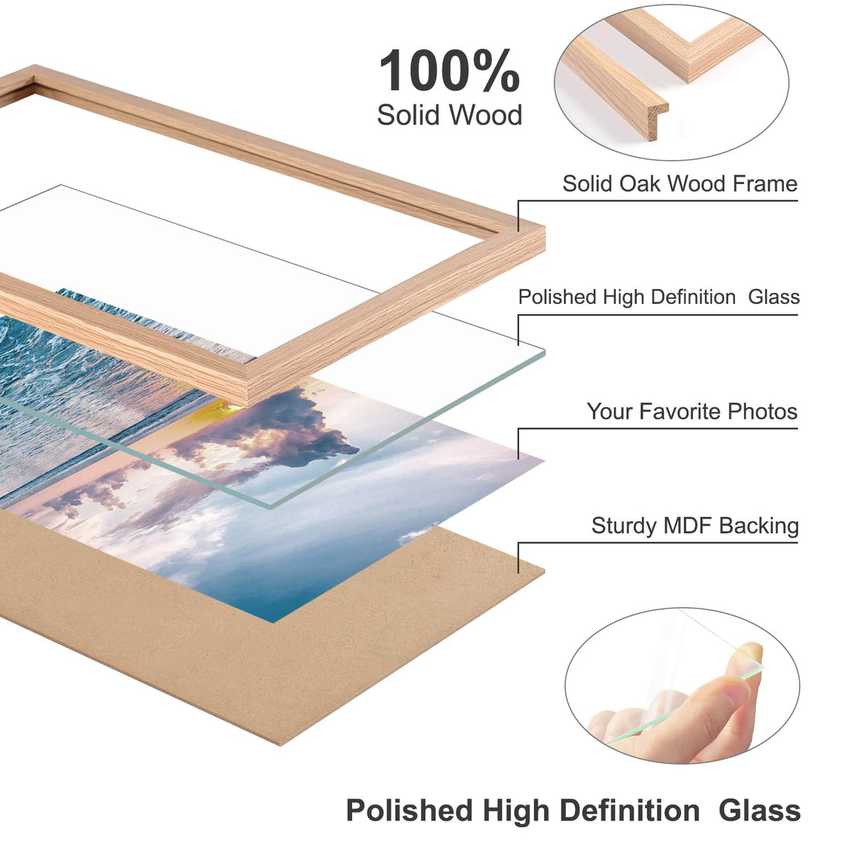 ATOBART 5x7 Oak Wood Picture Frames, 6 Pack Natural Wood Color Photo Frame with High Definition Glass for Wall Mount or Table Top Display