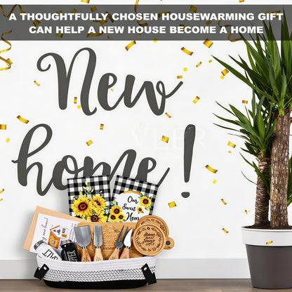 14 Pcs House Warming Gift New Home Gift Basket with Bamboo Serving Board, Dish Towels, Cheese Knife Set, Key Holder for Couples Women Men Clients, Closing Gift for Home Buyers, New Homeowner