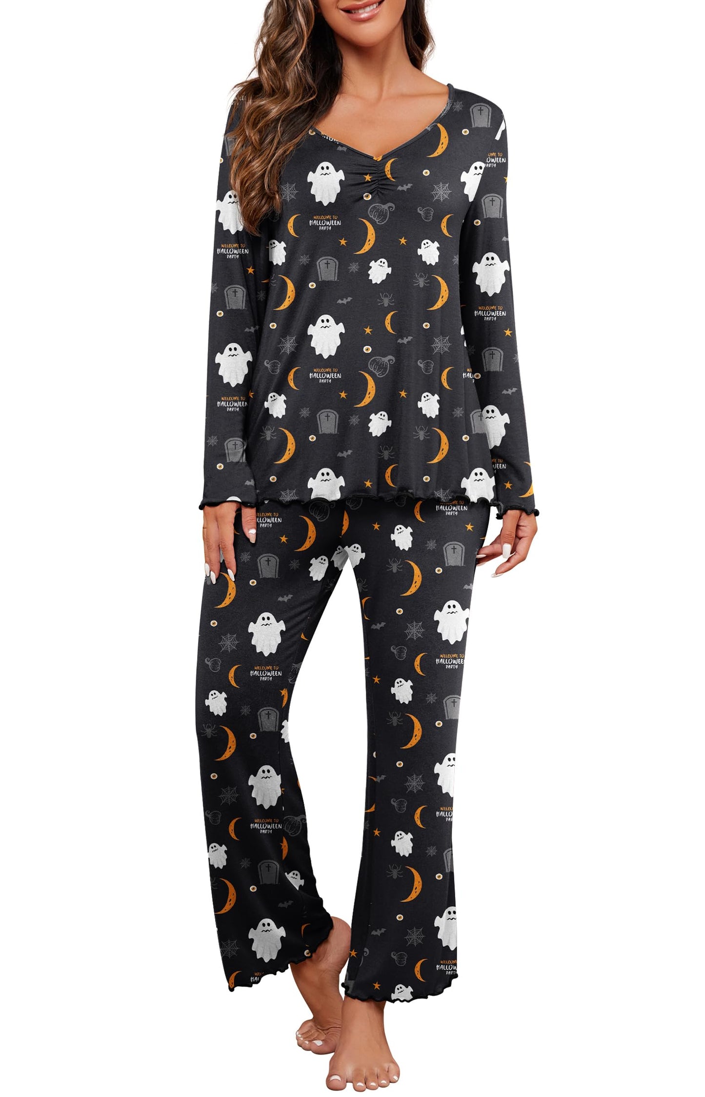 PrinStory 2025 Women's Pajama Set Long Sleeve Sleepwear Ladies Lounge Set Soft Pjs Loungewear FP-Black Moon Ghost-S